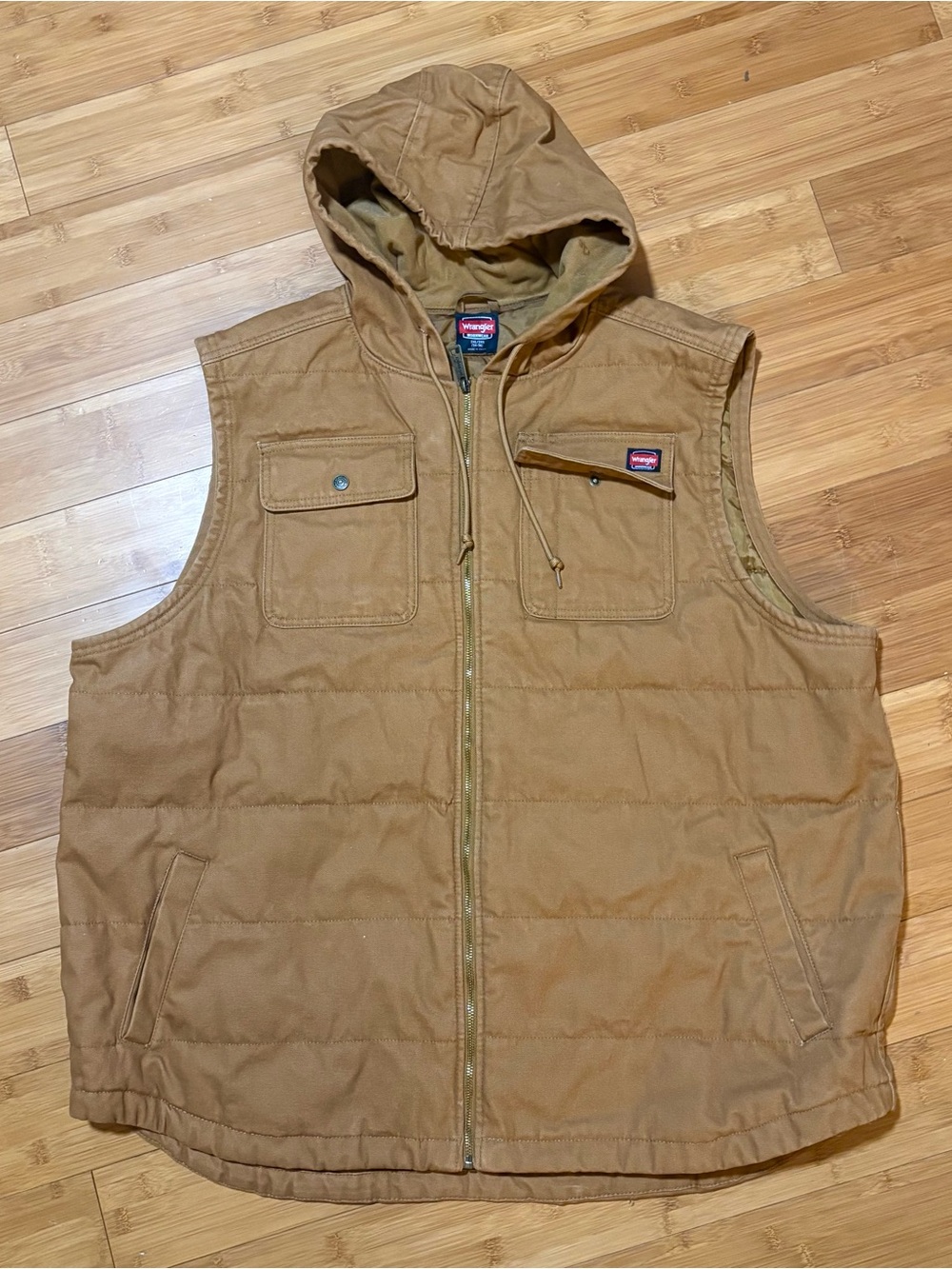 Wrangler Workwear 3XL Duck Canvas Hooded Vest Brown Quilted Work Chore Utility